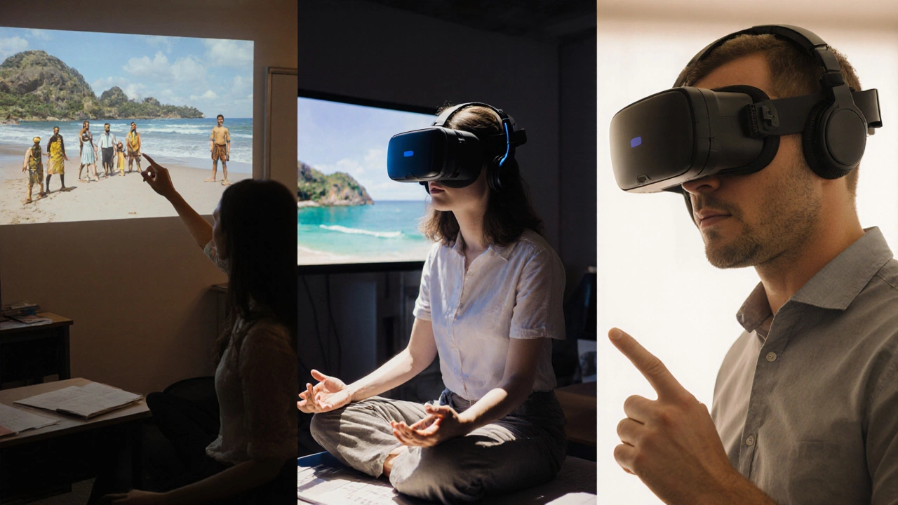 People using VR for education, meditation, and architecture in different real-world settings.