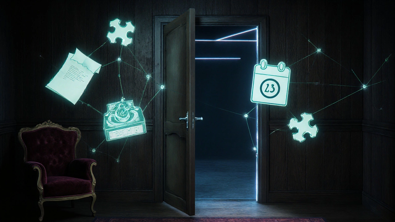Puzzle objects float in mid-air, connected by glowing lines leading to an open door.