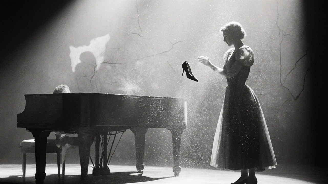 Silent film-style actors perform &#039;Into the Woods&#039; with exaggerated gestures under a single spotlight.