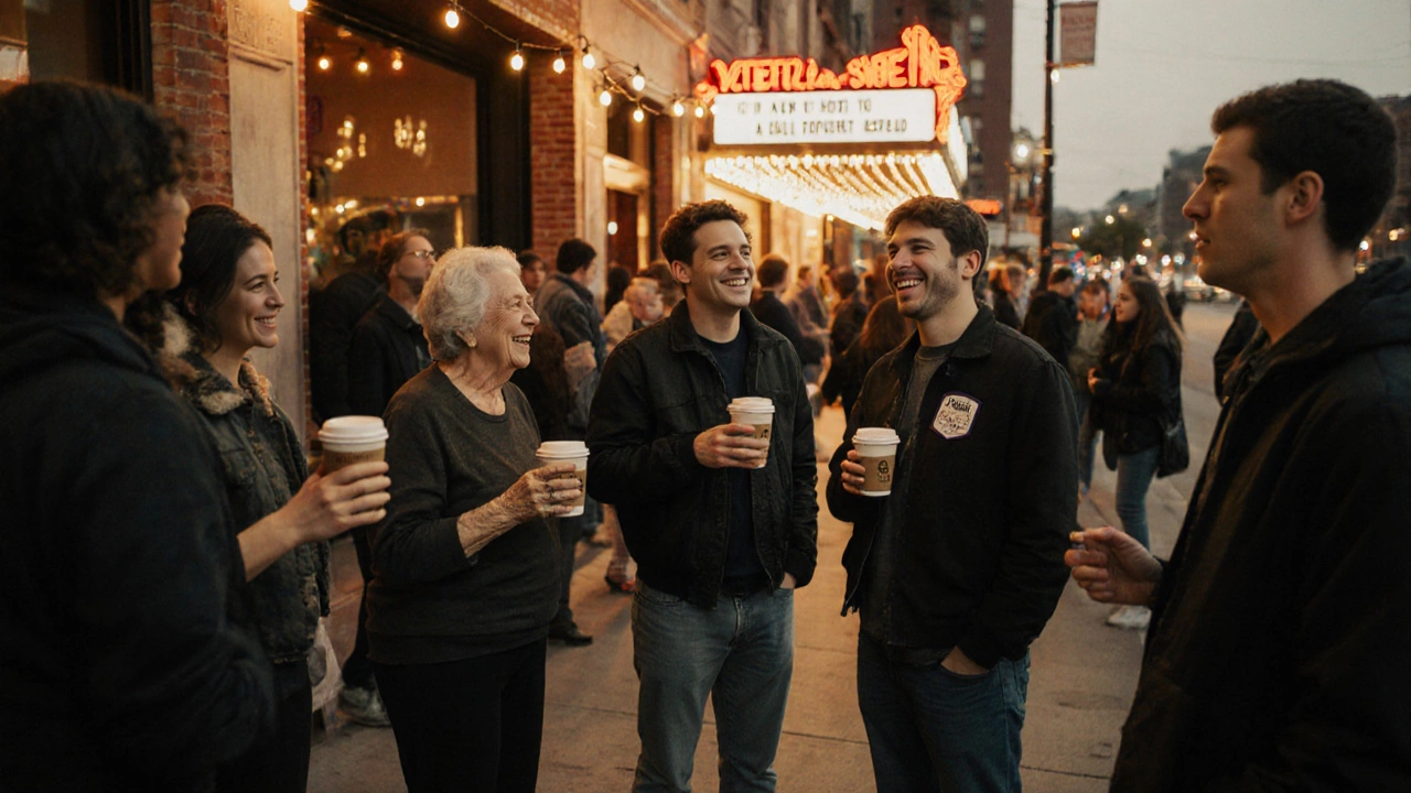 Theatre-goers and actors chatting outside a historic theatre after a show, holding coffee cups under string lights.