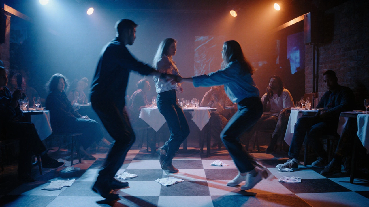 Three people start dancing as others watch, one reaching out to invite someone to join.