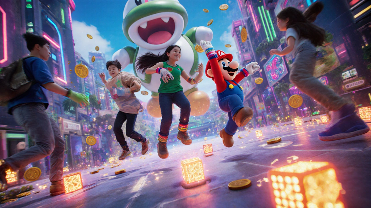 Visitors in colorful clothes jumping in Super Nintendo World, digital coins floating around them in a vibrant themed area.