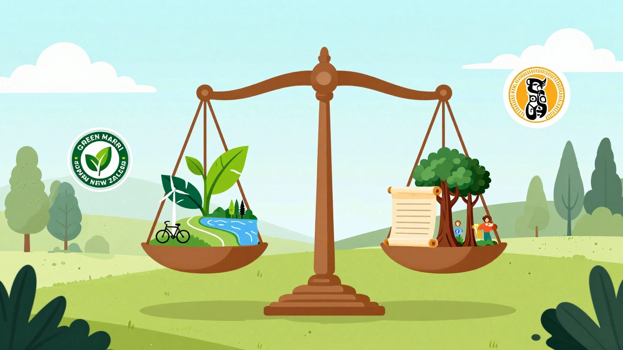 A balance scale with Green Party and Māori Party symbols representing environmental and treaty rights.