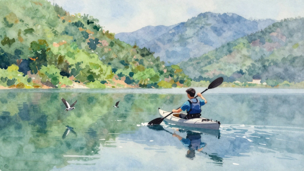 A beginner kayaker gliding calmly on a quiet bay surrounded by green hills and birds.