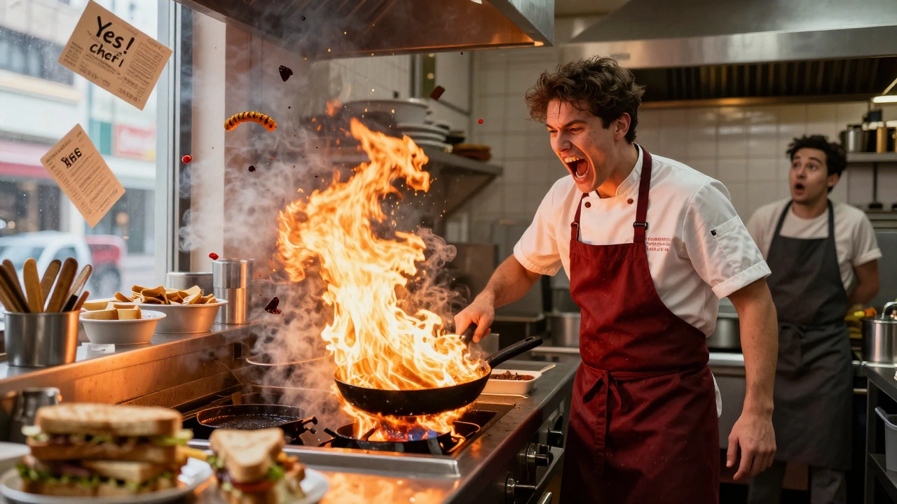 A chaotic kitchen with a chef yelling, flames, and flying food in mid-action.