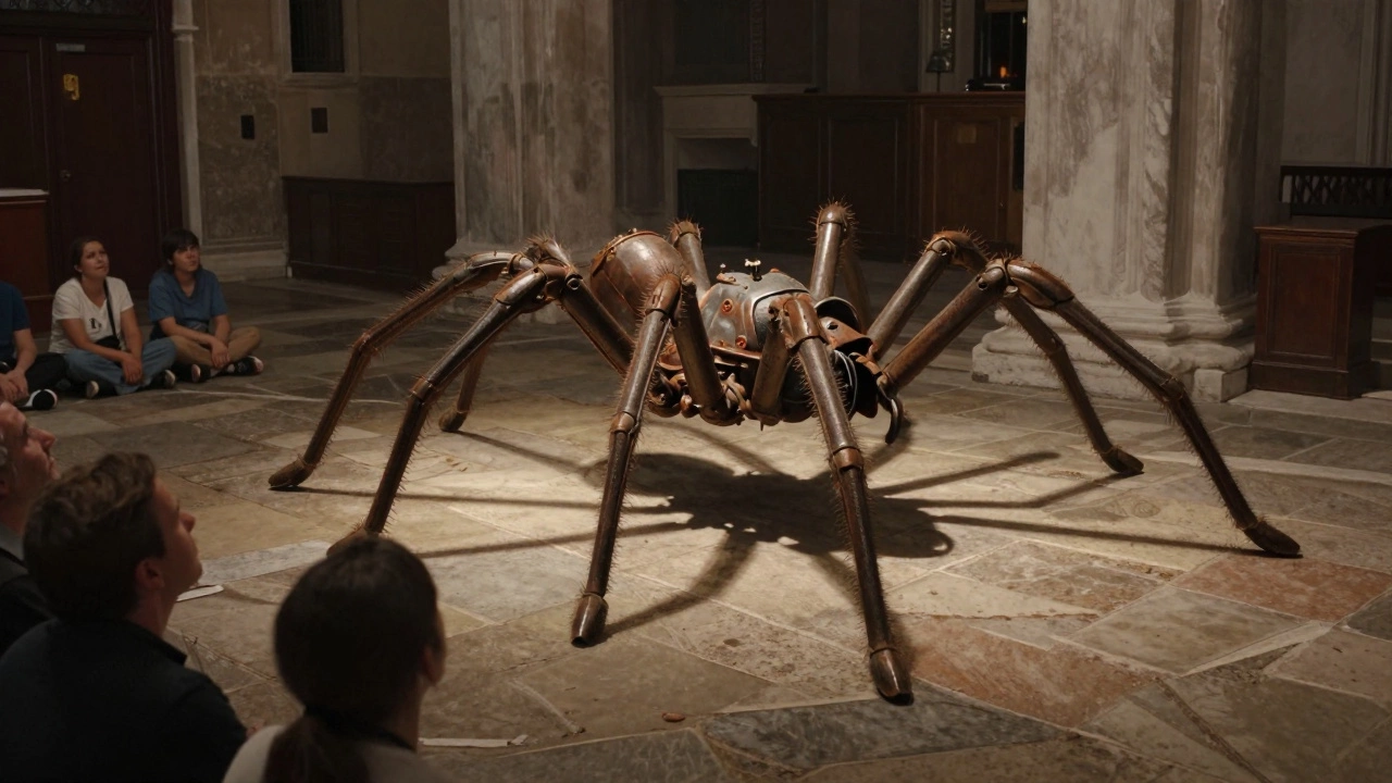 A giant recycled metal spider crawls through a historic Venetian church as visitors watch in silence.