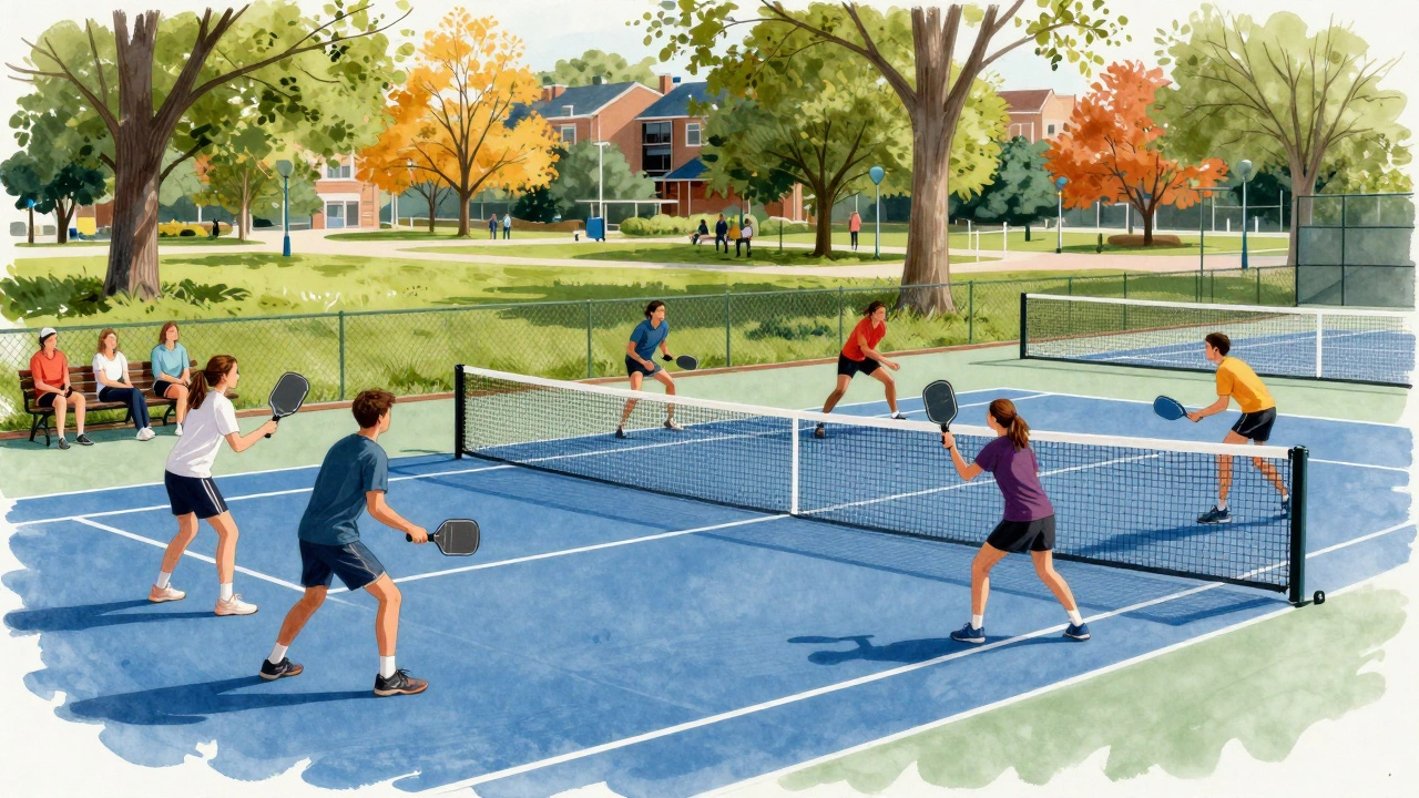 A group of diverse individuals playing pickleball on a community court with spectators watching.