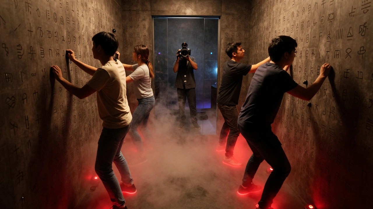 A group solving a puzzle in an escape room with glowing sensors and swirling fog.