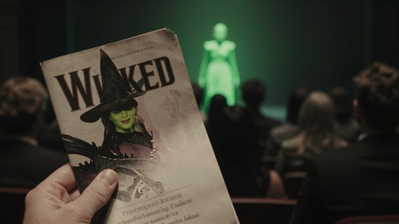 A hand holding a theatre program as faceless crowds turn away from a glowing green figure in the distance.