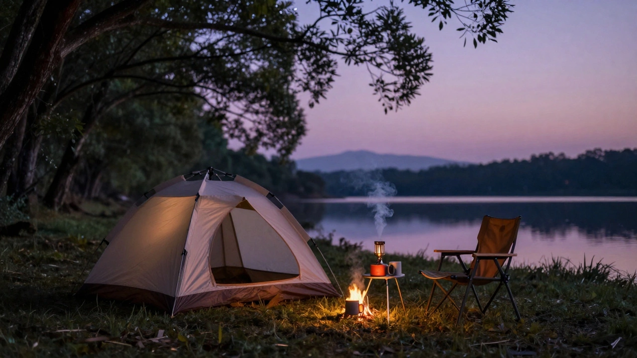 A peaceful campsite by a lake at dusk with a tent, stove, and mug under a starry sky.