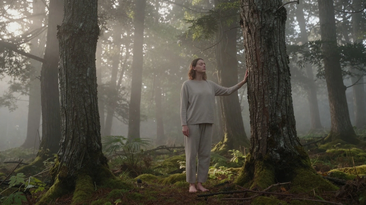 A person practicing forest bathing by touching a tree in a misty, peaceful woodland.