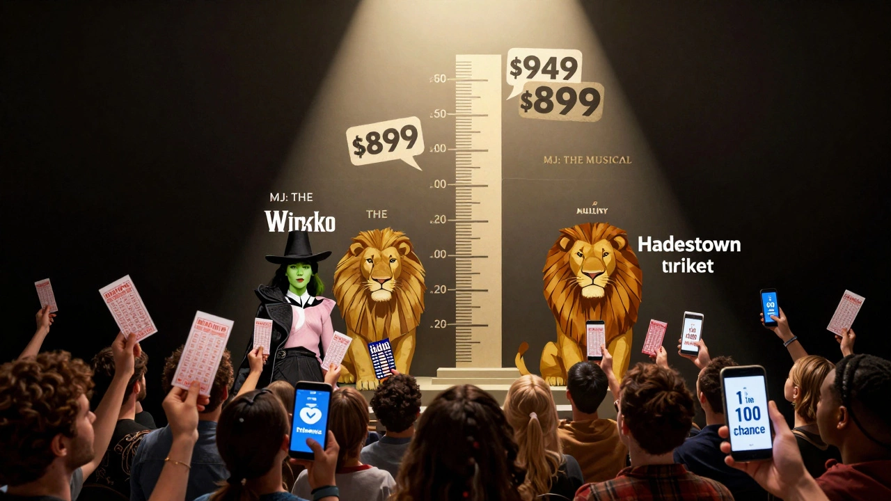 A price scale showing Hamilton and MJ: The Musical at the top, with fans holding lottery tickets and apps below.
