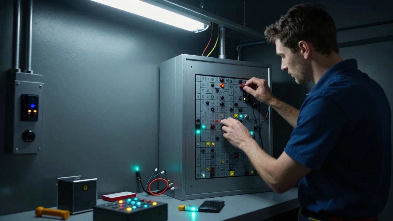 A technician resetting high-tech puzzle components in a dimly lit backroom.