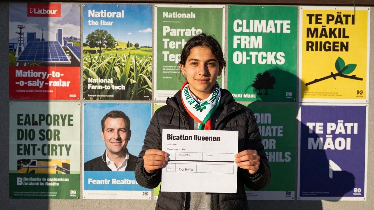A voter holding a ballot in front of evolving political party posters under soft afternoon light.