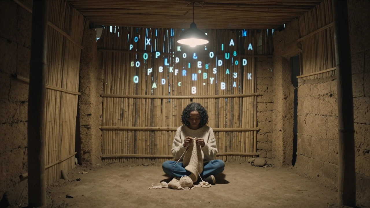 A woman knits under a lamp while ghostly refugee letters float in the air inside a mud-and-bamboo pavilion.