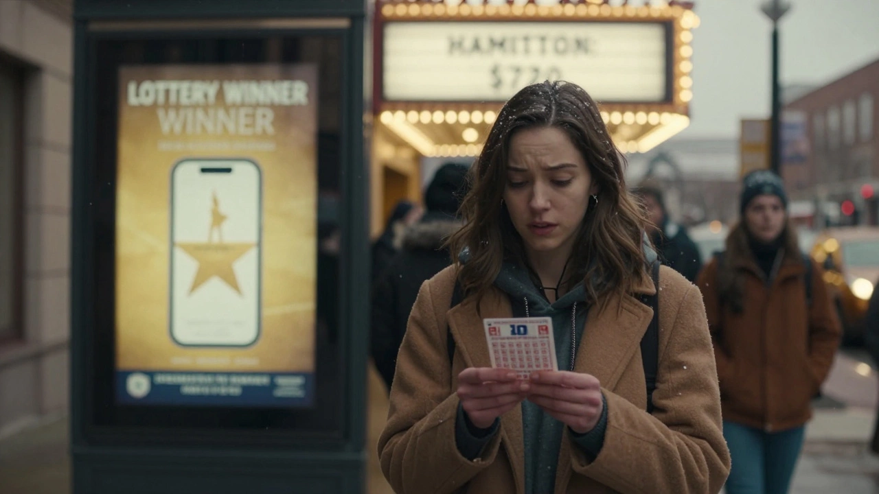 A woman outside a Broadway theatre holding a  lottery ticket, snow falling, digital ticket prices glowing behind her.