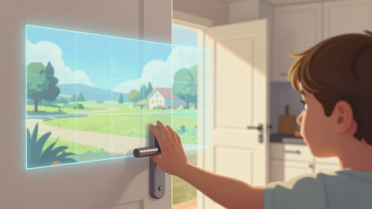 Child reaching for a virtual door handle in a room where real and virtual spaces overlap confusingly.