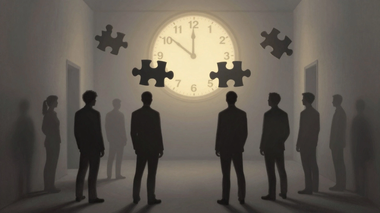 Eight silhouettes in a hallway, only two puzzle pieces connect, others fade into gray mist as time runs out.