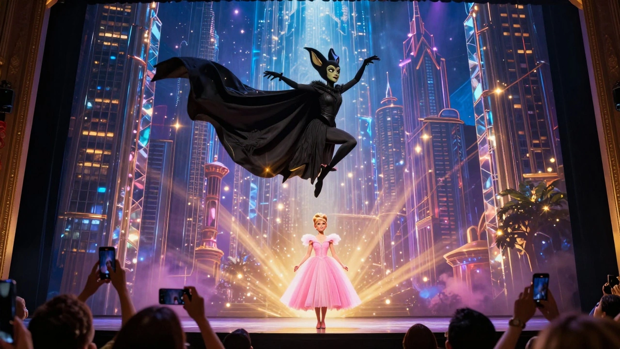 Elphaba soaring above the Emerald City during Defying Gravity, glowing with golden light and shimmering projections.