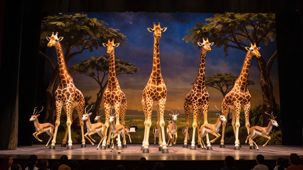 Lion King animals on stage—giraffes on stilts and leaping antelopes—under a starlit African sky with vibrant costumes.