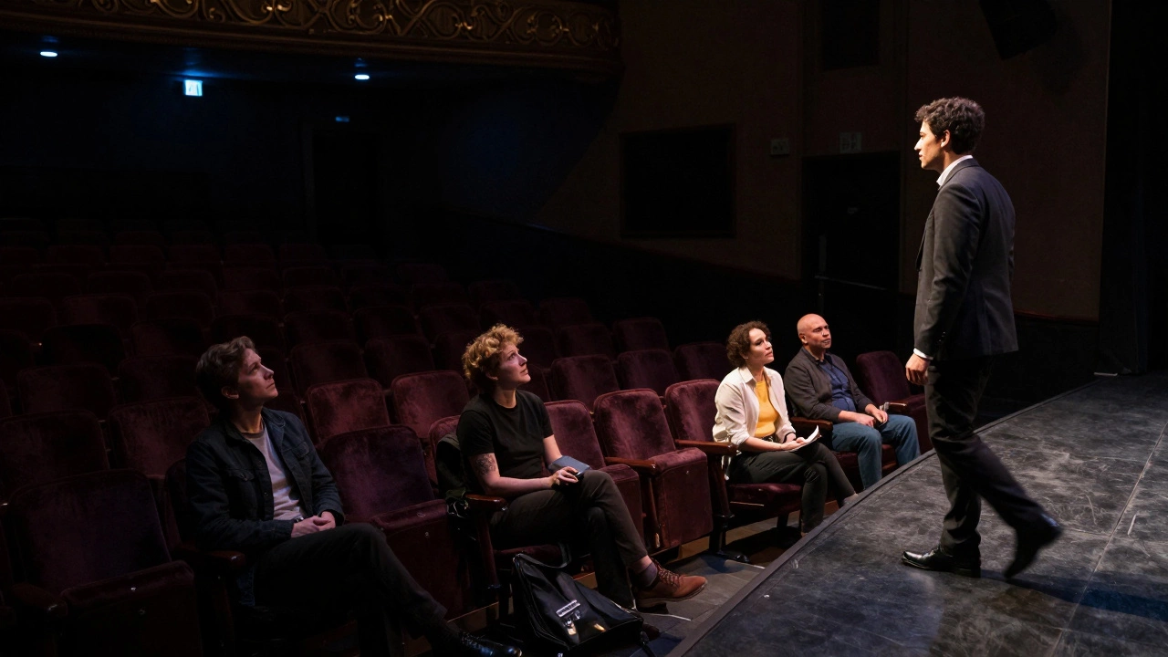Quiet Tuesday night performance with a single spotlight on stage in an empty theatre.