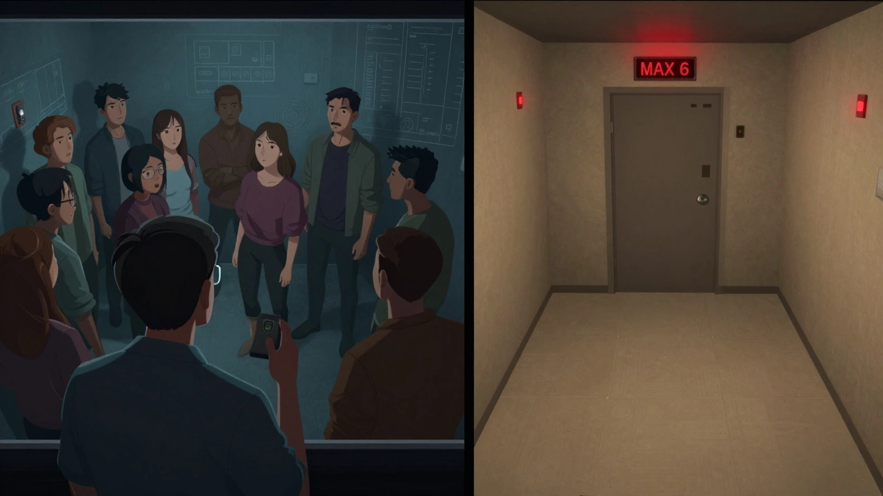 Security monitor showing overcrowded escape room next to ideal-sized room, warning lights glowing red.