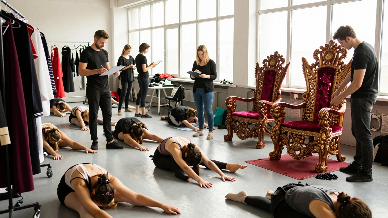 Stage crew repairing sets and costumes backstage on a quiet Monday morning.