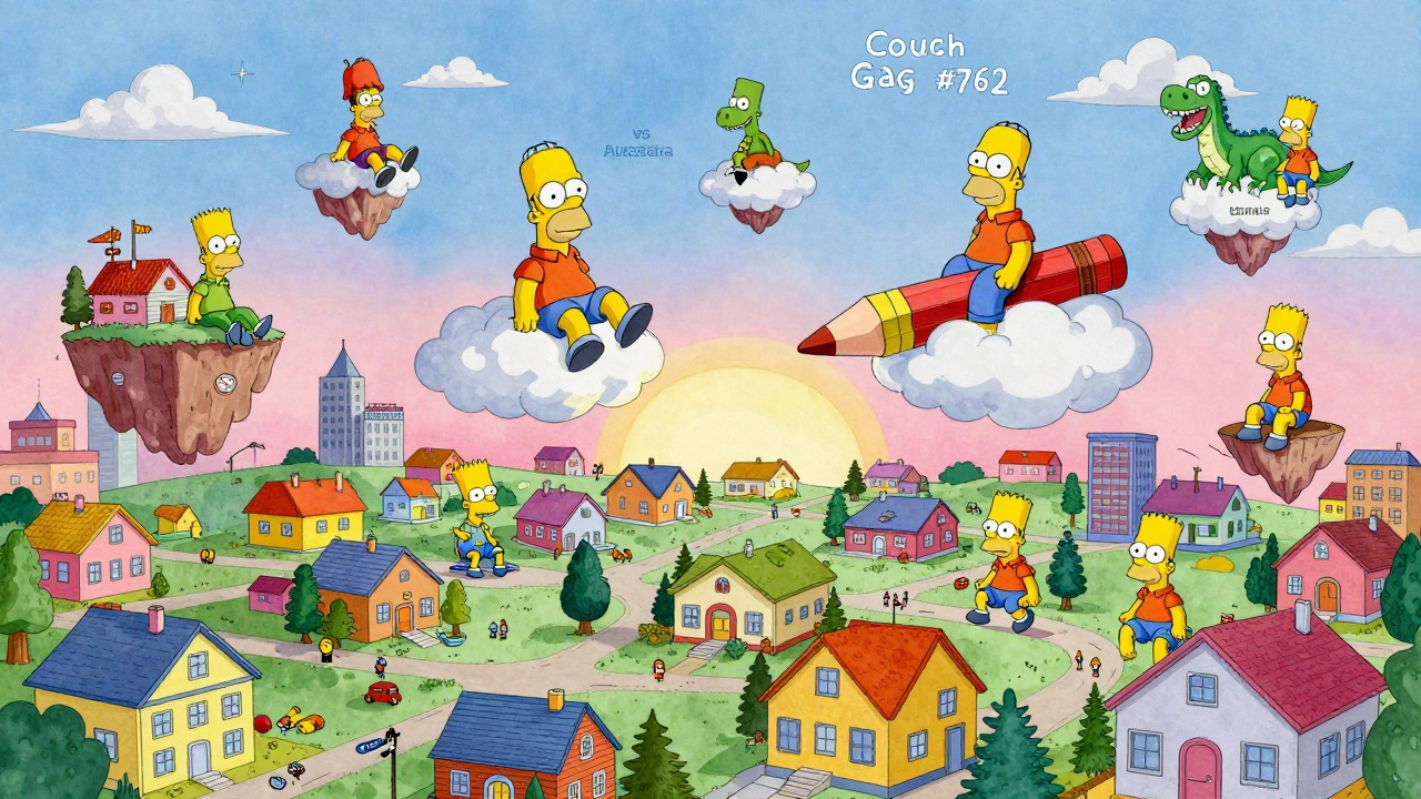 Surreal Springfield landscape with floating episode titles and cartoon characters riding a crayon.