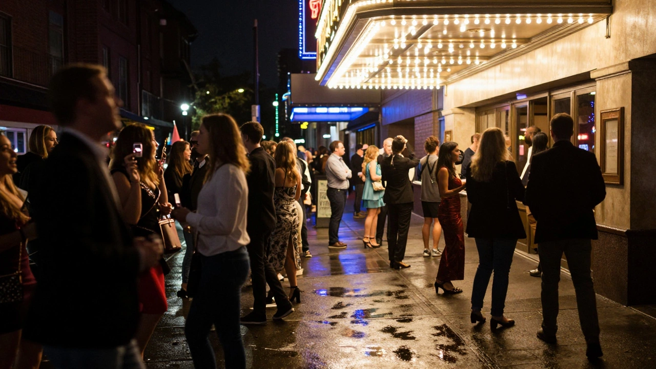 Thrilling Thursday night energy outside a Broadway theatre with crowded patrons.