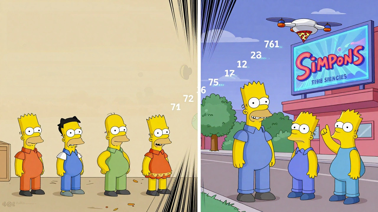 Timeline showing The Simpsons&#039; evolution from 1990s to modern animation style.