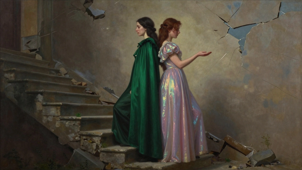 Two women in magical costumes standing apart on a broken staircase, one crying, the other reaching out.