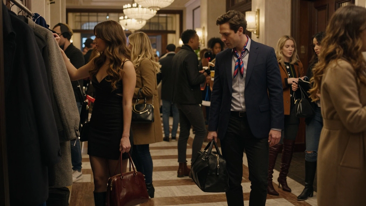 A lively Broadway theatre lobby with guests checking coats, dressed in elegant evening wear under warm chandelier lights.