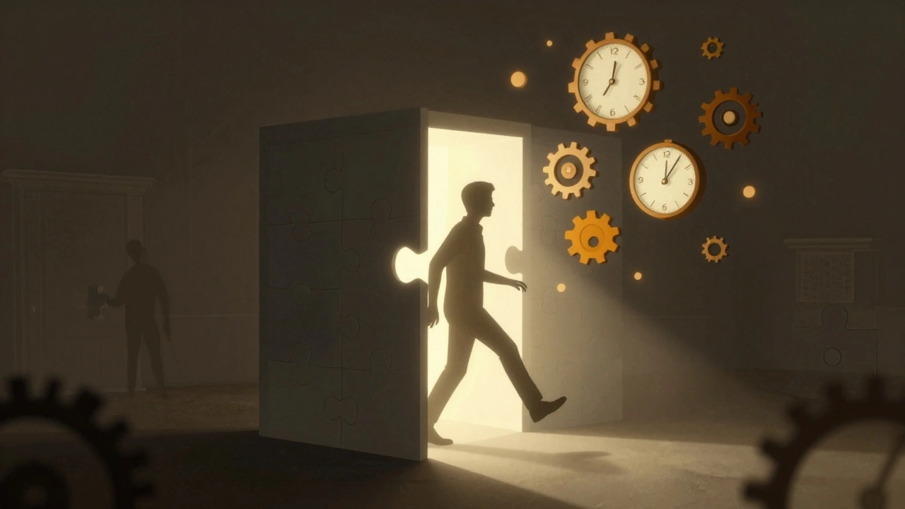 A silhouette steps out of a paused escape room as clues and clocks float around them.