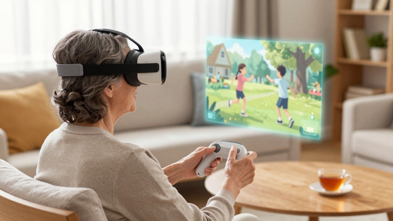An elderly woman enjoying a nostalgic VR experience of her grandchildren in a sunlit living room.