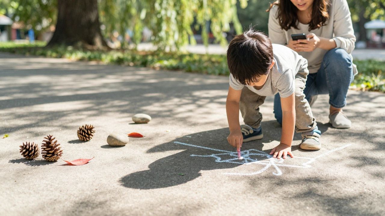 Child tracing their shadow on pavement with chalk, surrounded by collected natural treasures.