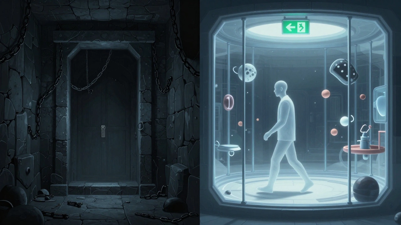Contrasting images of a cramped tomb versus an open space station escape room.