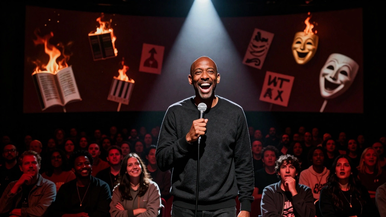 Dave Chappelle under a spotlight, audience reacting intensely to his provocative comedy.