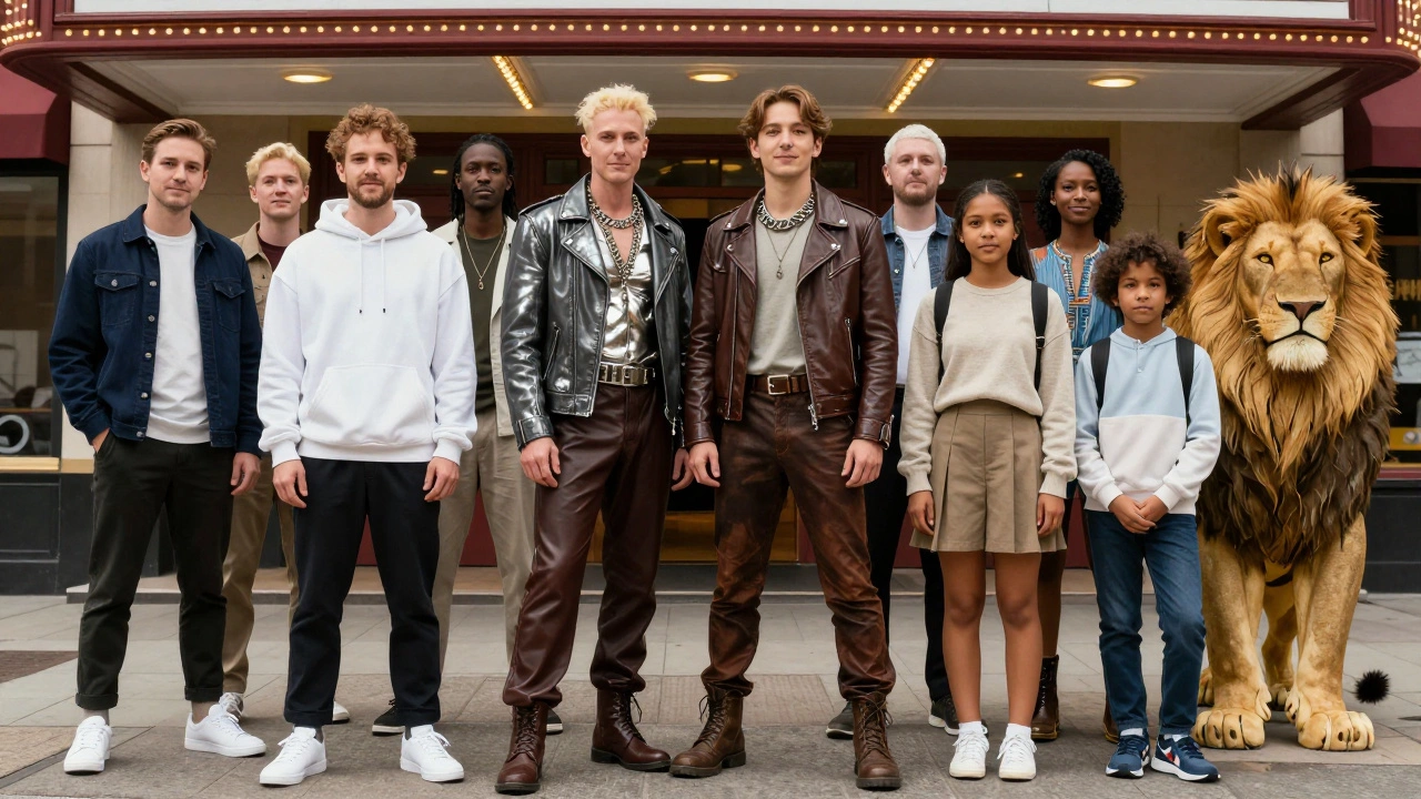 Diverse theatre-goers outside a Broadway venue, wearing outfits suited to different shows like Hamilton, Hadestown, and The Lion King.