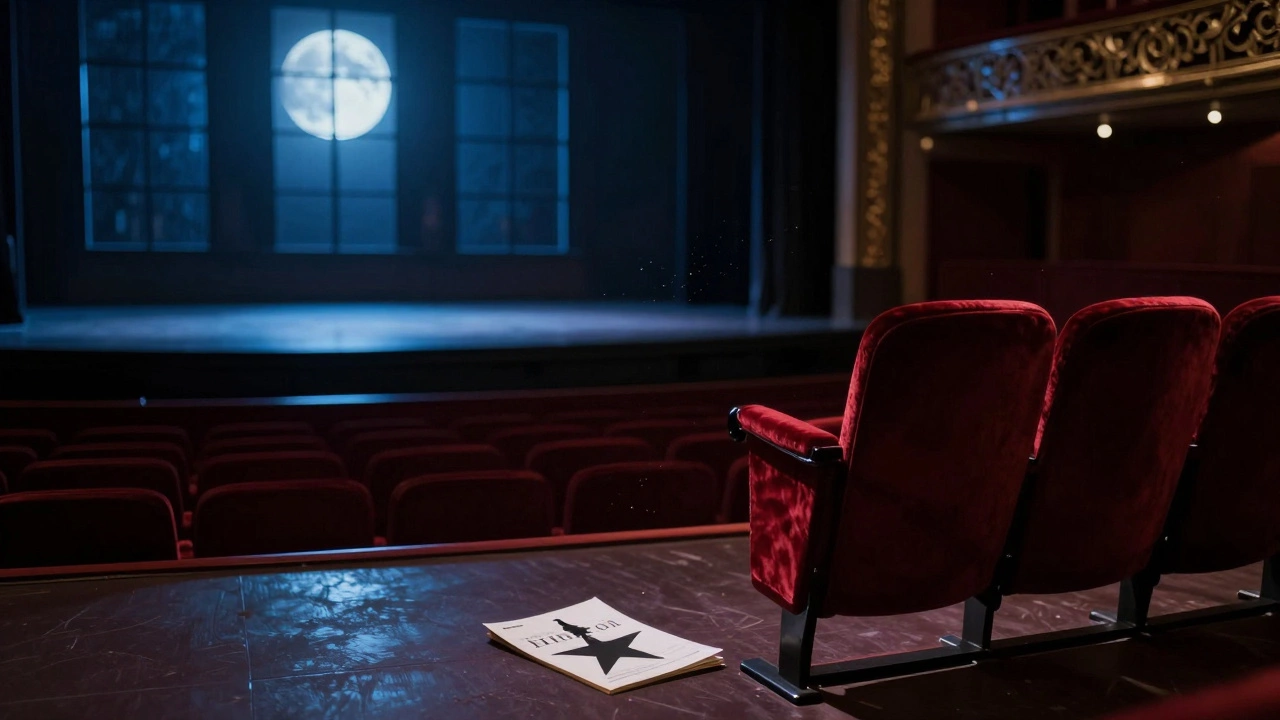 Empty Broadway theater at night, moonlight illuminating a vacant seat and a Hamilton program on the floor.