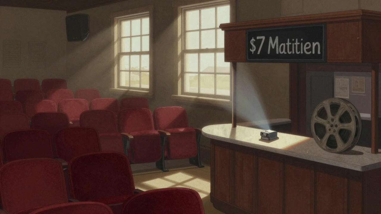 Empty small-town theater at morning matinee with sunlight and a  ticket sign.