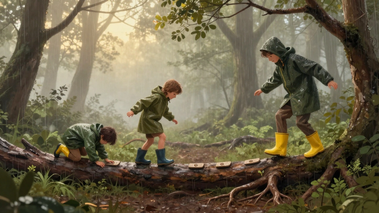 Family navigating a nature-based obstacle course with logs, roots, and branches in a misty forest.