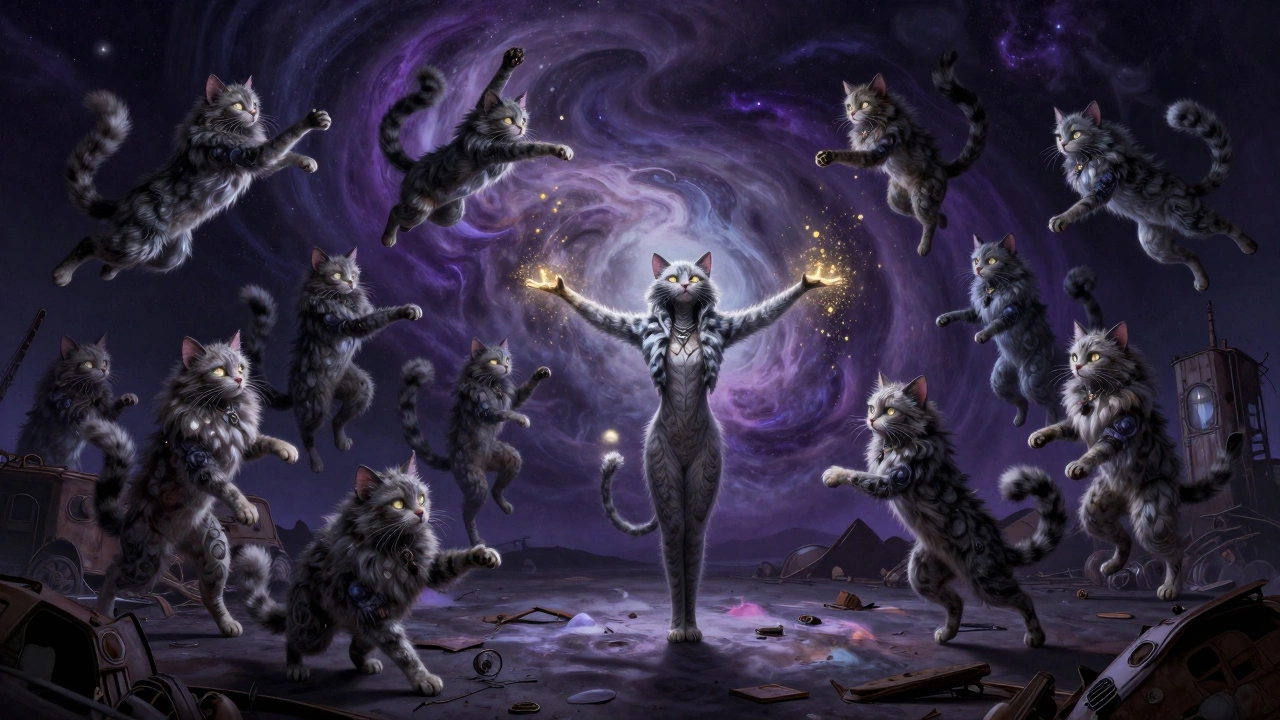 Feline dancers leap under a starry sky as golden light rises around an aging cat at center.