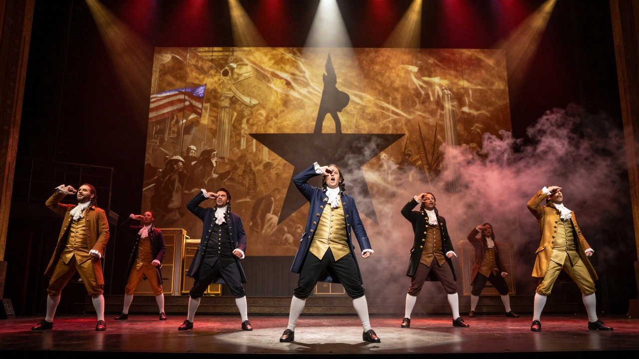 Hamilton cast performing on stage with modern hip-hop moves amid revolutionary-era sets and dramatic lighting.