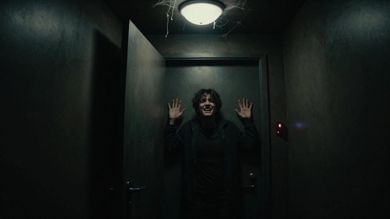 Individual in a dark, confined escape room with flickering lights and oppressive atmosphere.