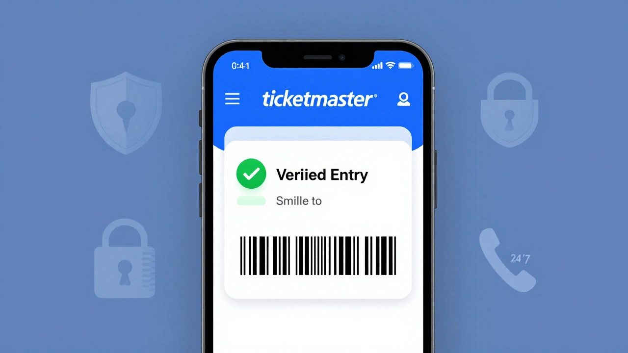 Smartphone screen displaying a verified Ticketmaster ticket with security icons and green checkmark.