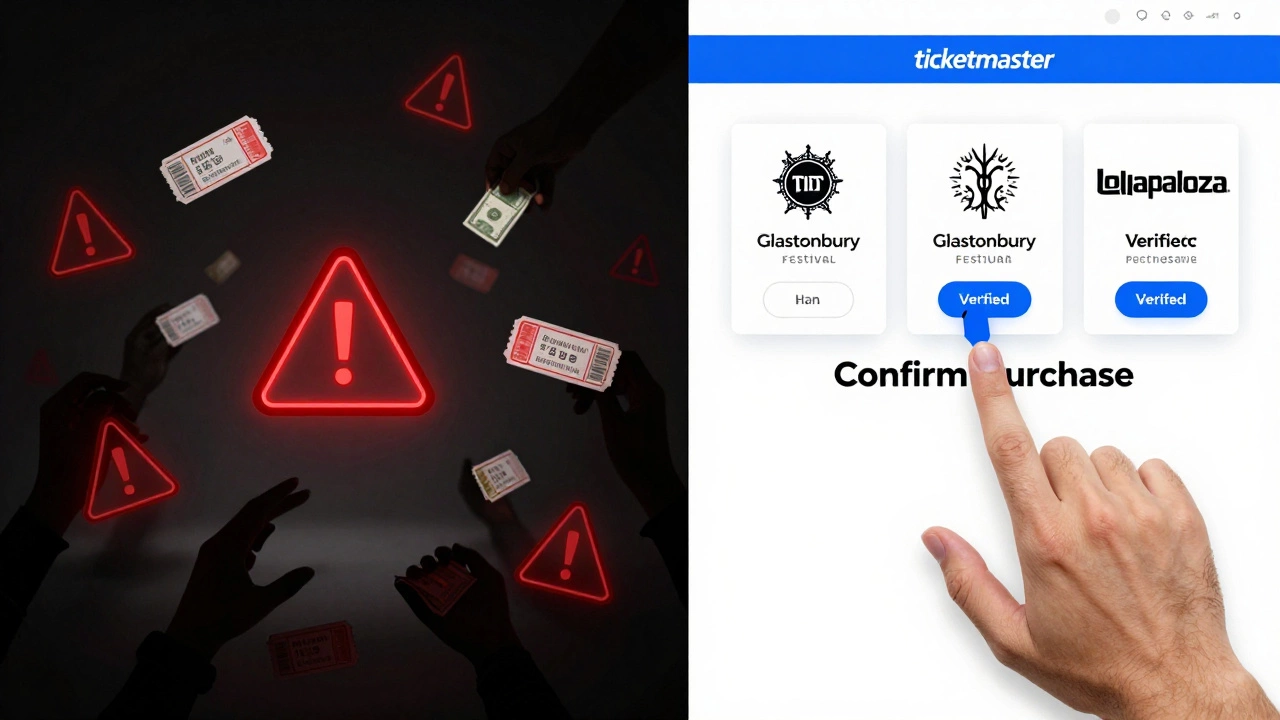 Split image: chaotic scam website on left, secure Ticketmaster portal on right.