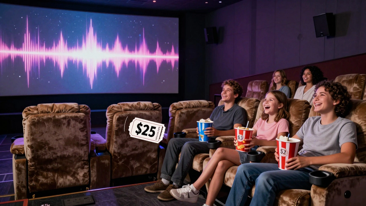 Split-screen: luxury Dolby Cinema vs. budget theater with personal snacks.