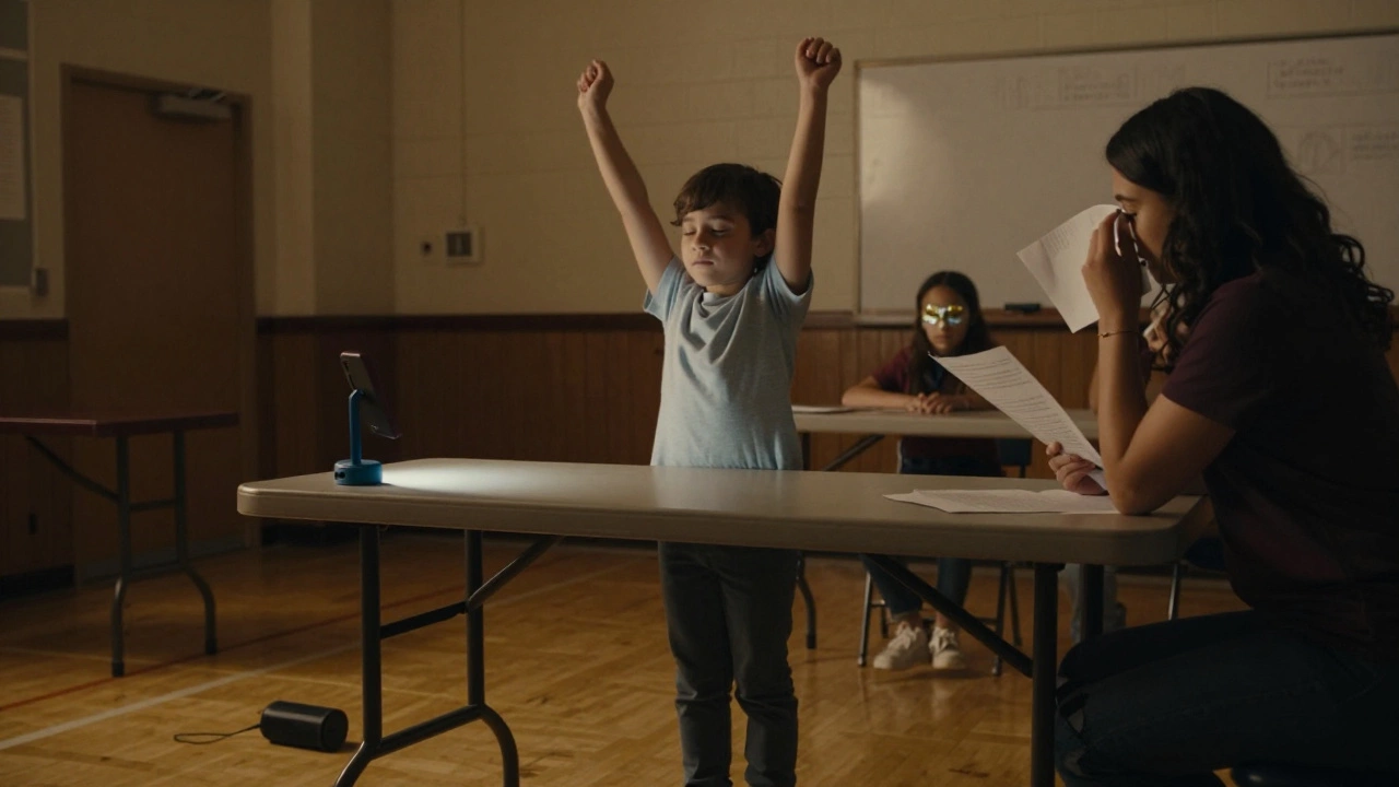 A child stands alone on a table during a silent talent show, a teacher quietly crying in the background.