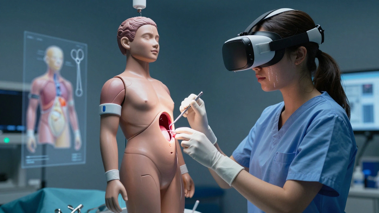 A medical student performing virtual heart surgery, tears in her eyes, surrounded by floating tools and a lifelike 3D human model.