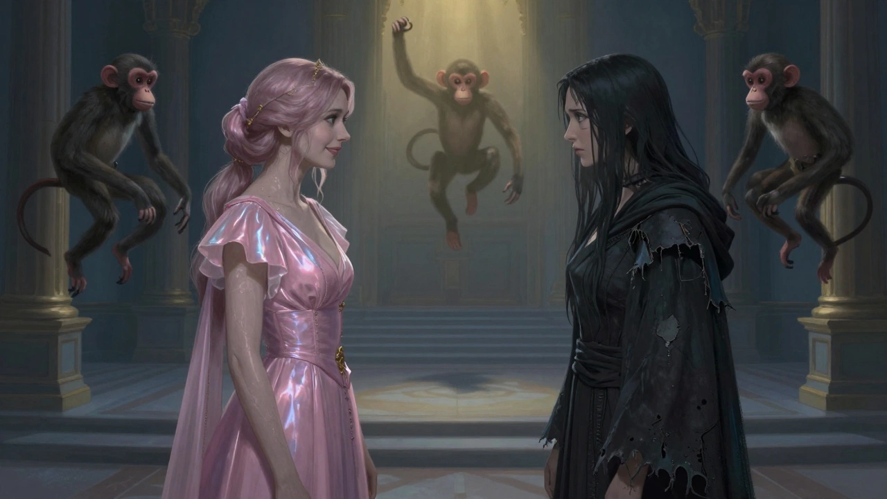 A pink-clad woman faces a dark-robed woman in an opulent hall, with mechanical monkeys floating behind them.